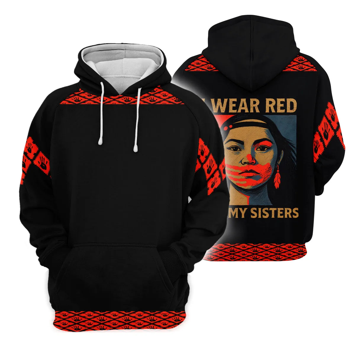 A hoodie with a red handprint design to raise awareness for Missing and Murdered Indigenous Women (MMIW), featuring Native American-inspired details.