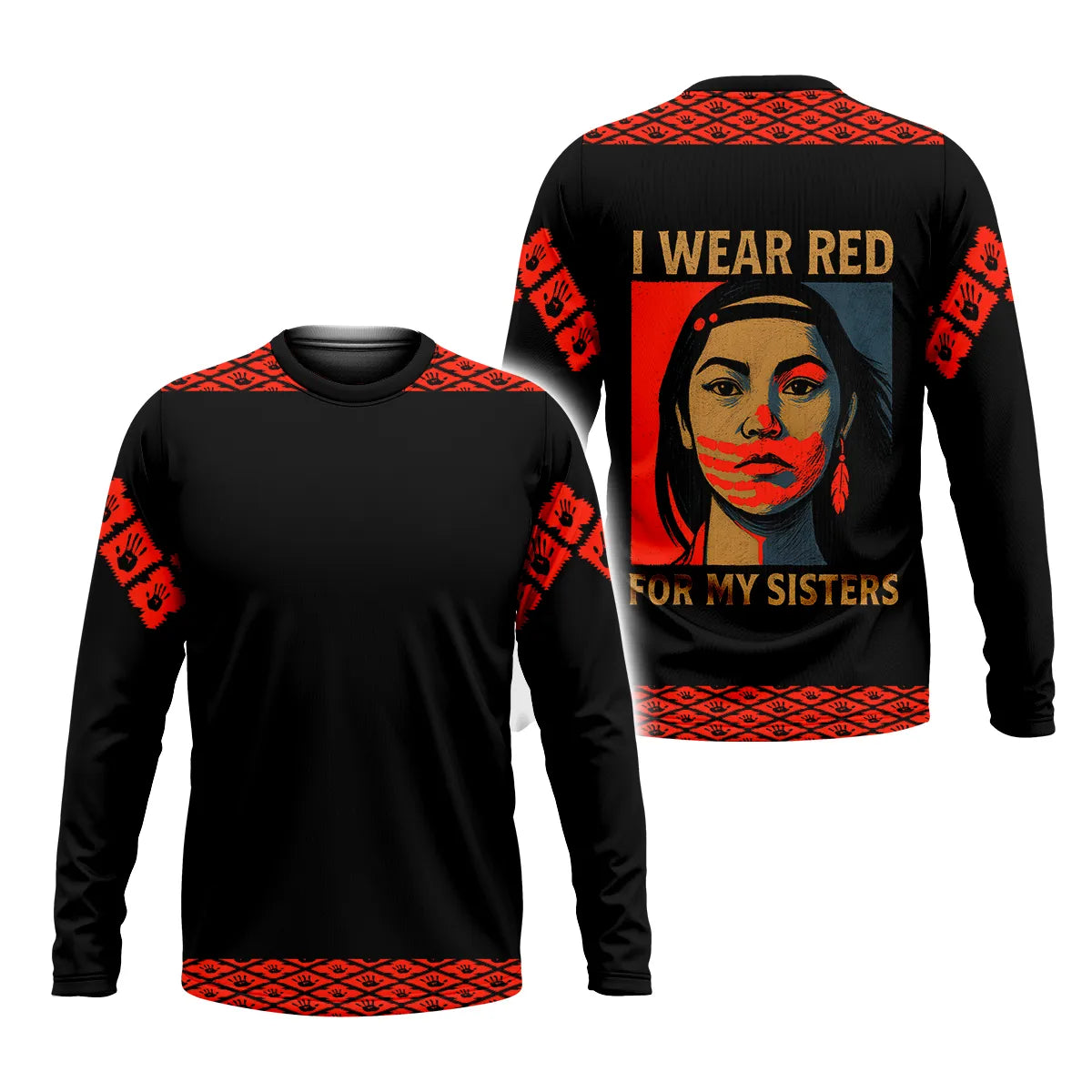 A Long sleeve T shirt with a red handprint design to raise awareness for Missing and Murdered Indigenous Women (MMIW), featuring Native American-inspired details.