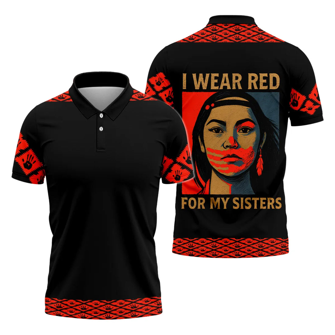A fleece jacket with a red handprint design to raise awareness for Missing and Murdered Indigenous Women (MMIW), featuring Native American-inspired details.