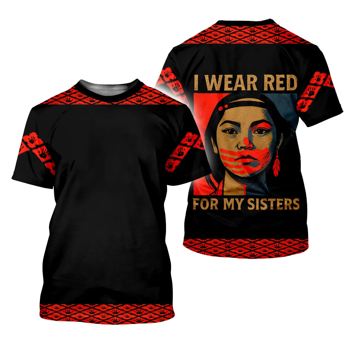 A T-shirt with a red handprint design to raise awareness for Missing and Murdered Indigenous Women (MMIW), featuring Native American-inspired details.