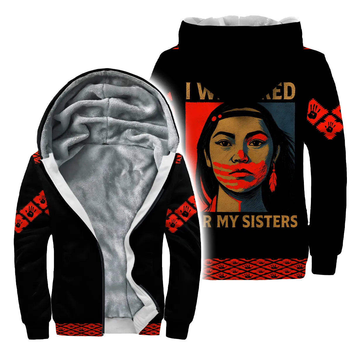 A velvet-textured jacket with a red handprint design to raise awareness for Missing and Murdered Indigenous Women (MMIW), featuring Native American-inspired details.