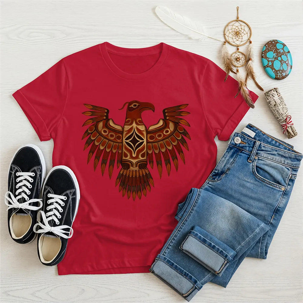 Red Native American-inspired T-shirt with Pacific Northwest eagle design