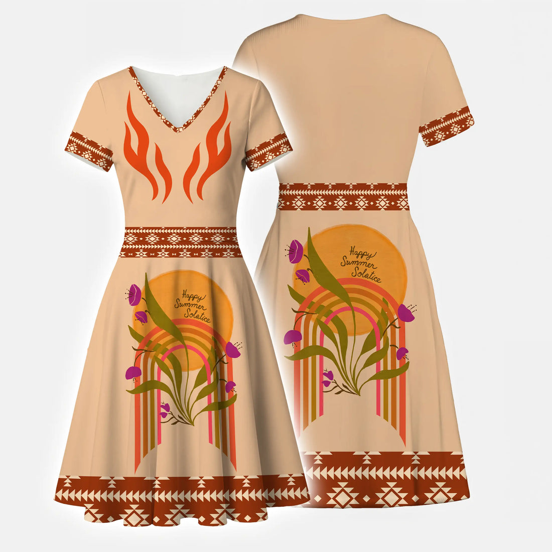 Tan v-neck dress with red flame chest print, sun, rainbow, and floral symbols