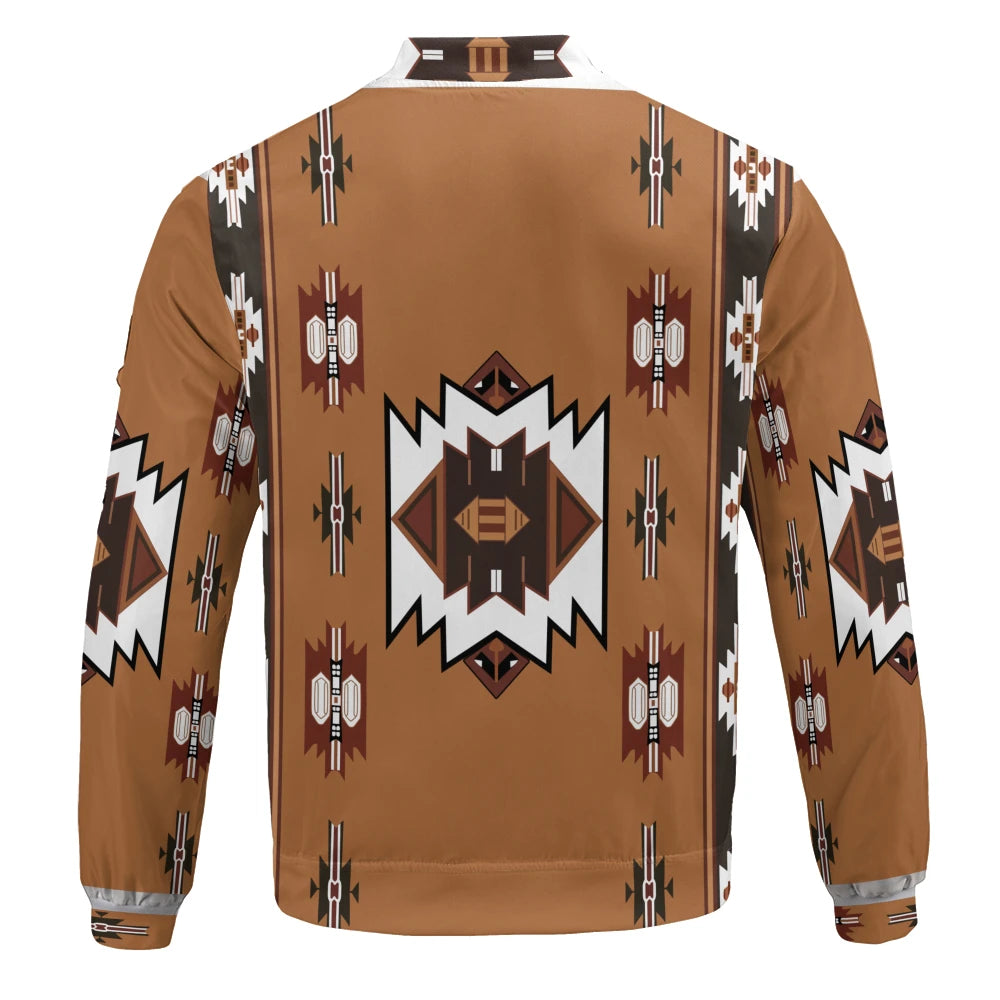 Back view of the jacket displaying the full tribal pattern layout with a prominent central diamond design flanked by symmetrical geometric accents, creating a balanced, culturally-inspired aesthetic on a warm brown background.