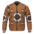A straight-on view of the jacket laid flat, highlighting the clean placement of zigzag and arrow motifs in earthy tones, with the central diamond pattern in crisp white and rust tones creating a striking visual centerpiece.
