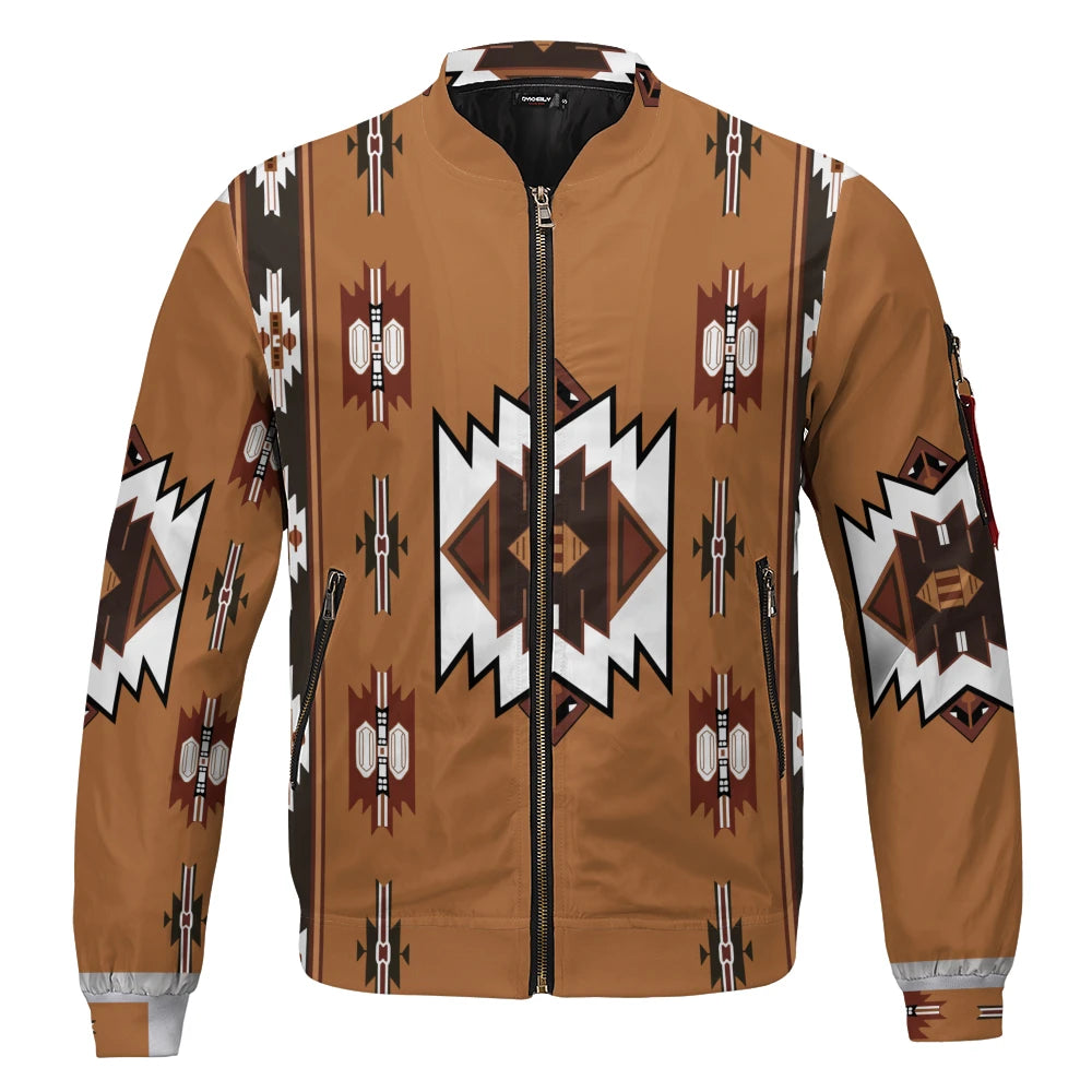 A straight-on view of the jacket laid flat, highlighting the clean placement of zigzag and arrow motifs in earthy tones, with the central diamond pattern in crisp white and rust tones creating a striking visual centerpiece.