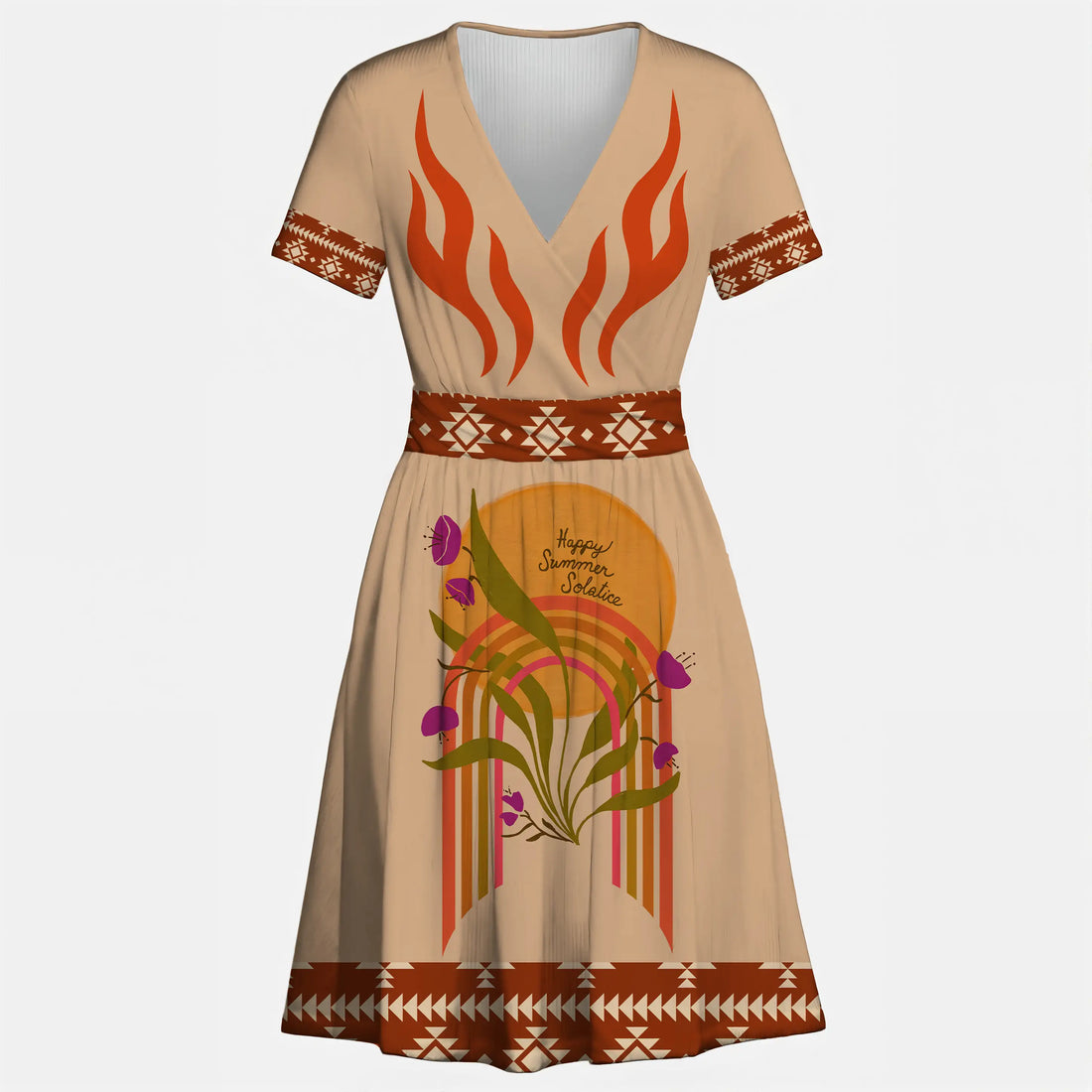 Tan v-neck dress with red flame chest print, sun, rainbow, and floral symbols