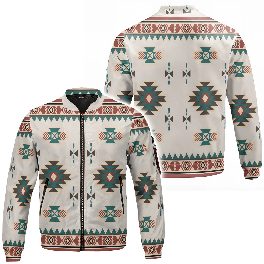 Southwestern geometric bomber jacket, teal, orange, brown, cream on grey. Front/back view