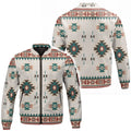 Southwestern geometric bomber jacket, teal, orange, brown, cream on grey. Front/back view