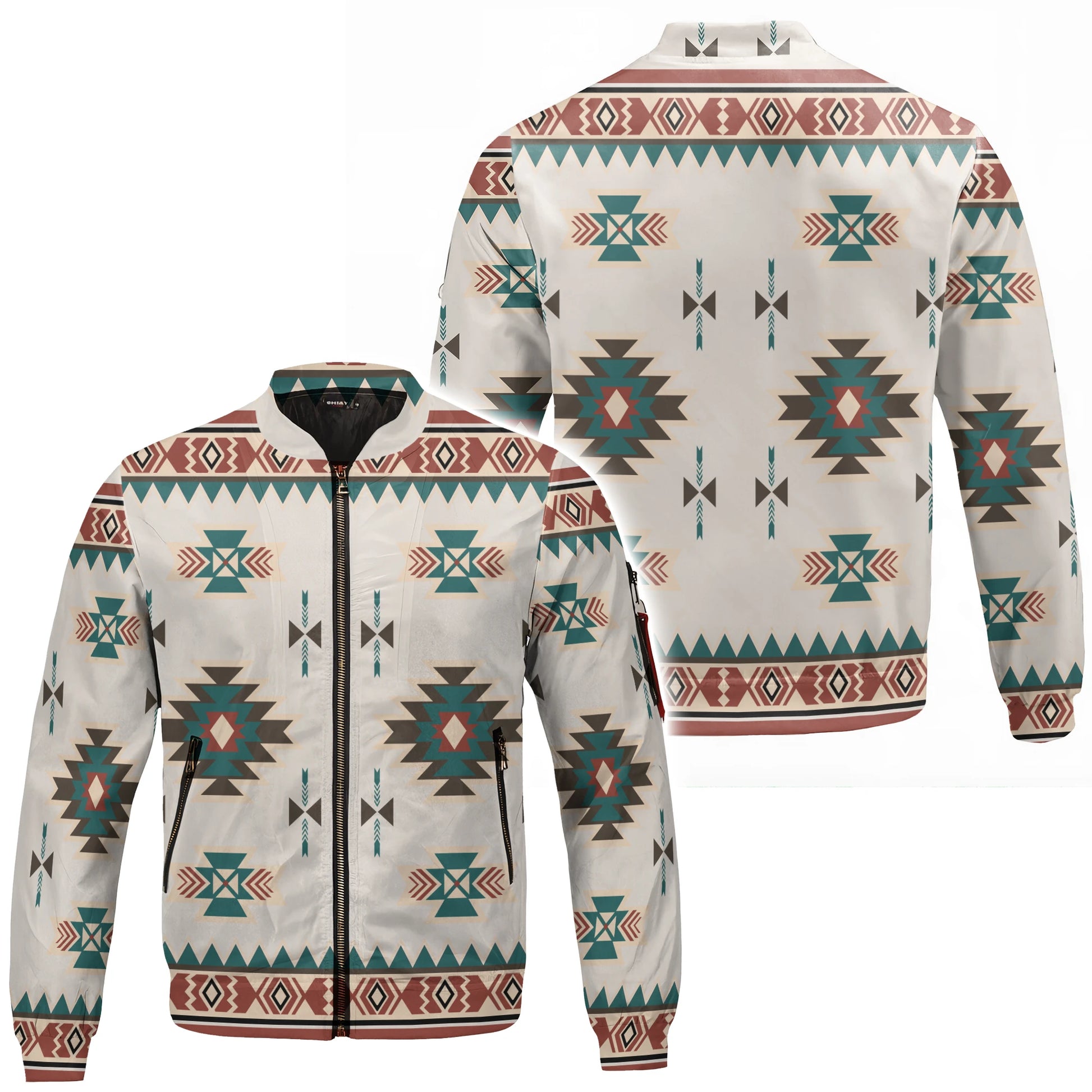 Southwestern geometric bomber jacket, teal, orange, brown, cream on grey. Front/back view
