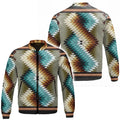 Front and back view of a men's bomber jacket featuring a vibrant Southwestern-inspired geometric pattern in shades of teal, orange, brown, and cream on a grey background. The jacket has a full zipper closure, ribbed collar, cuffs, and hem, and a small zippered pocket on the left sleeve.