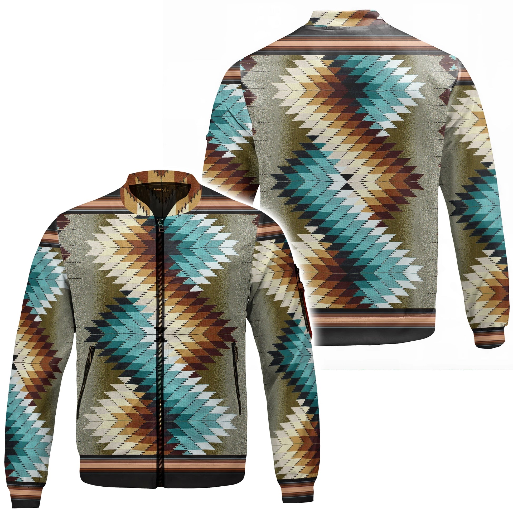 Front and back view of a men's bomber jacket featuring a vibrant Southwestern-inspired geometric pattern in shades of teal, orange, brown, and cream on a grey background. The jacket has a full zipper closure, ribbed collar, cuffs, and hem, and a small zippered pocket on the left sleeve.