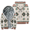 Southwestern geometric fleece-lined hoodie, teal, orange, brown, cream on grey.