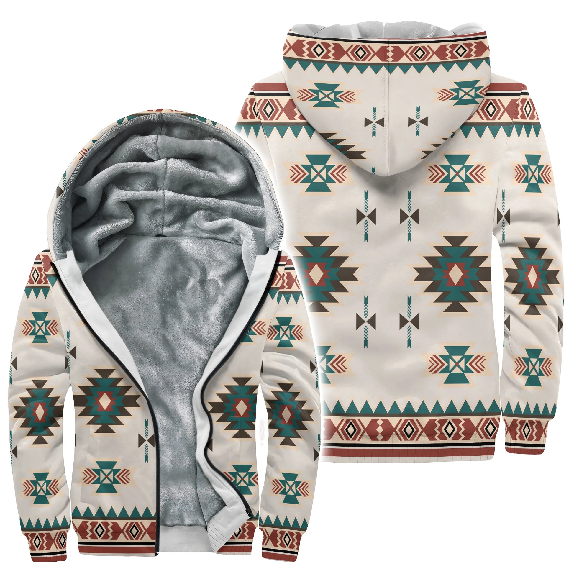 Southwestern geometric fleece-lined hoodie, teal, orange, brown, cream on grey.