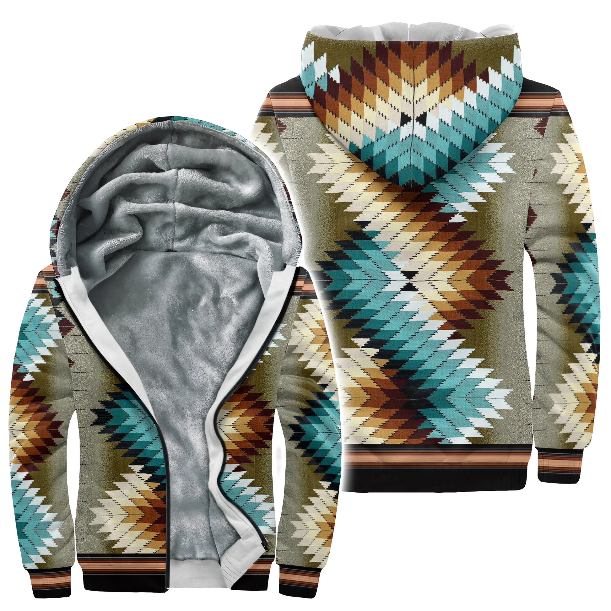 Front view (partially open) and back view of a men's thick fleece-lined zip-up hoodie featuring a vibrant Southwestern-inspired geometric pattern in shades of teal, orange, brown, and cream on a grey background. The inside of the hoodie shows soft, light grey fleece lining.