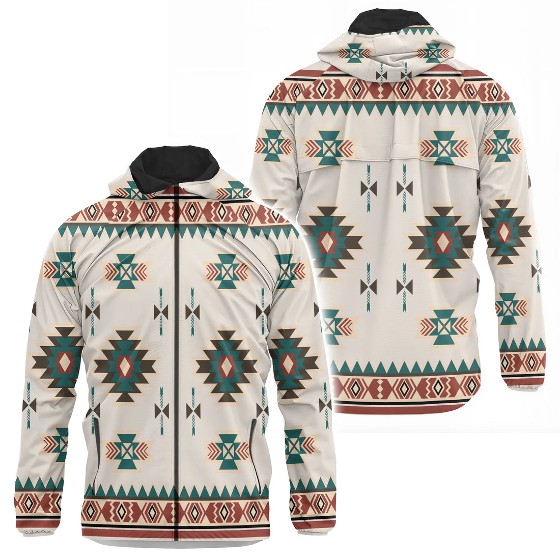 Southwestern geometric bomber jacket, teal, orange, brown, cream on grey. Front/back view