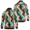 Front and back view of a men's lightweight hooded jacket featuring a vibrant Southwestern-inspired geometric pattern in shades of teal, orange, brown, and cream on a grey background. The jacket has a full zipper closure, an attached hood, and ribbed cuffs and hem.