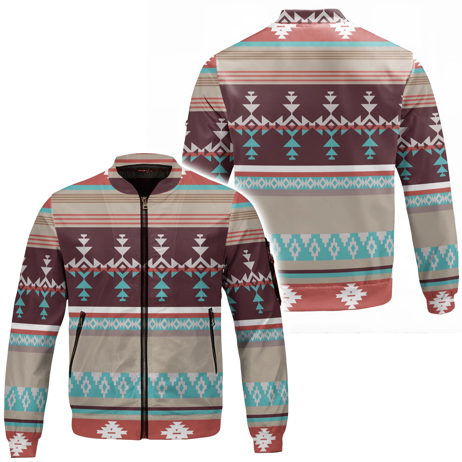 Southwestern Native American geometric print bomber jacket with vibrant colors and tribal patterns, perfect for casual wear.