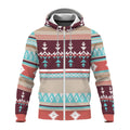 Front-facing fleece jacket showcasing burgundy, turquoise, cream, and rust Southwestern geometric tribal patterns with a full zipper and hood.