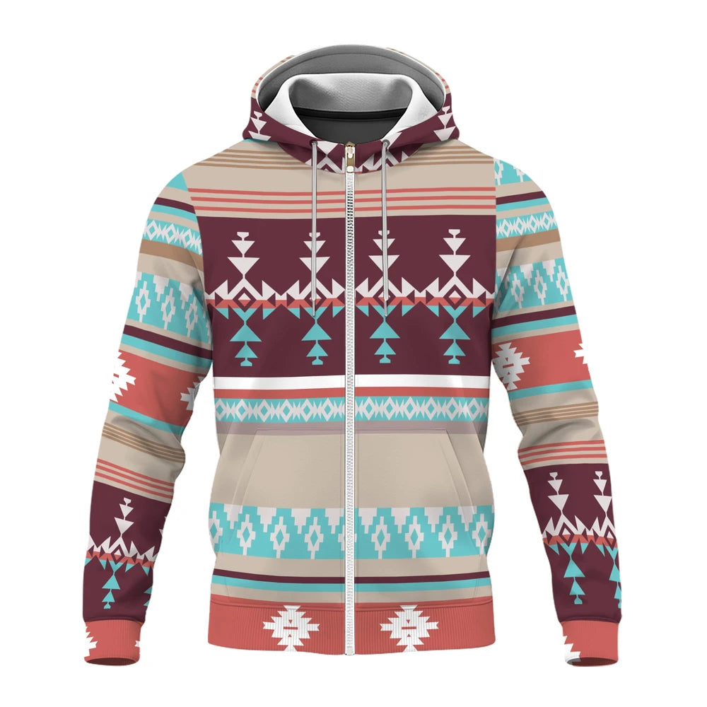 Front-facing fleece jacket showcasing burgundy, turquoise, cream, and rust Southwestern geometric tribal patterns with a full zipper and hood.
