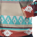 Close-up of the fleece jacket’s kangaroo pocket area, highlighting geometric tribal linework in turquoise, cream, and rust on burgundy background.