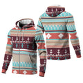 Angled views showing front and back of a cozy hoodie adorned with Southwestern tribal motifs in burgundy, turquoise, cream, and rust.