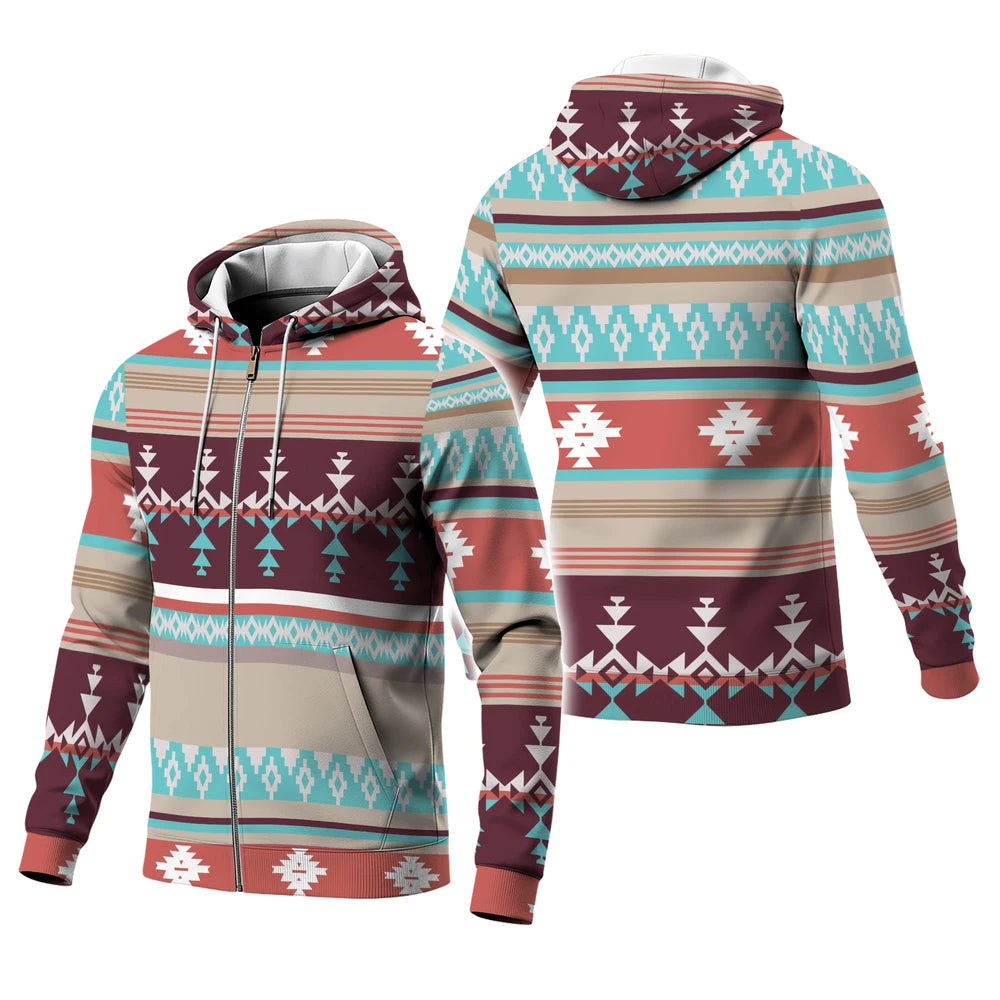 Angled views showing front and back of a cozy hoodie adorned with Southwestern tribal motifs in burgundy, turquoise, cream, and rust.