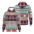 Front and back of a hoodie featuring Southwestern-inspired geometric patterns in burgundy, turquoise, cream, and rust stripes.