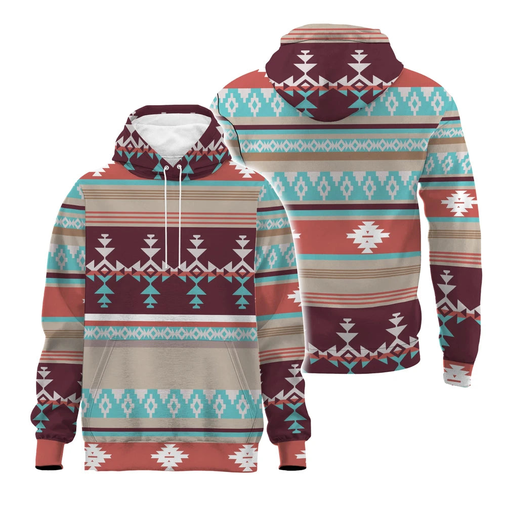 Front and back of a hoodie featuring Southwestern-inspired geometric patterns in burgundy, turquoise, cream, and rust stripes.