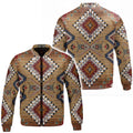 Front and back views of a bomber-style jacket showcasing Southwestern Native American Navajo Chimayo geometric heritage-style tribal motifs in earthy tones of tan, red, and blue, with a stand-up collar, full-length zipper, side pockets, and ribbed cuffs and hem.