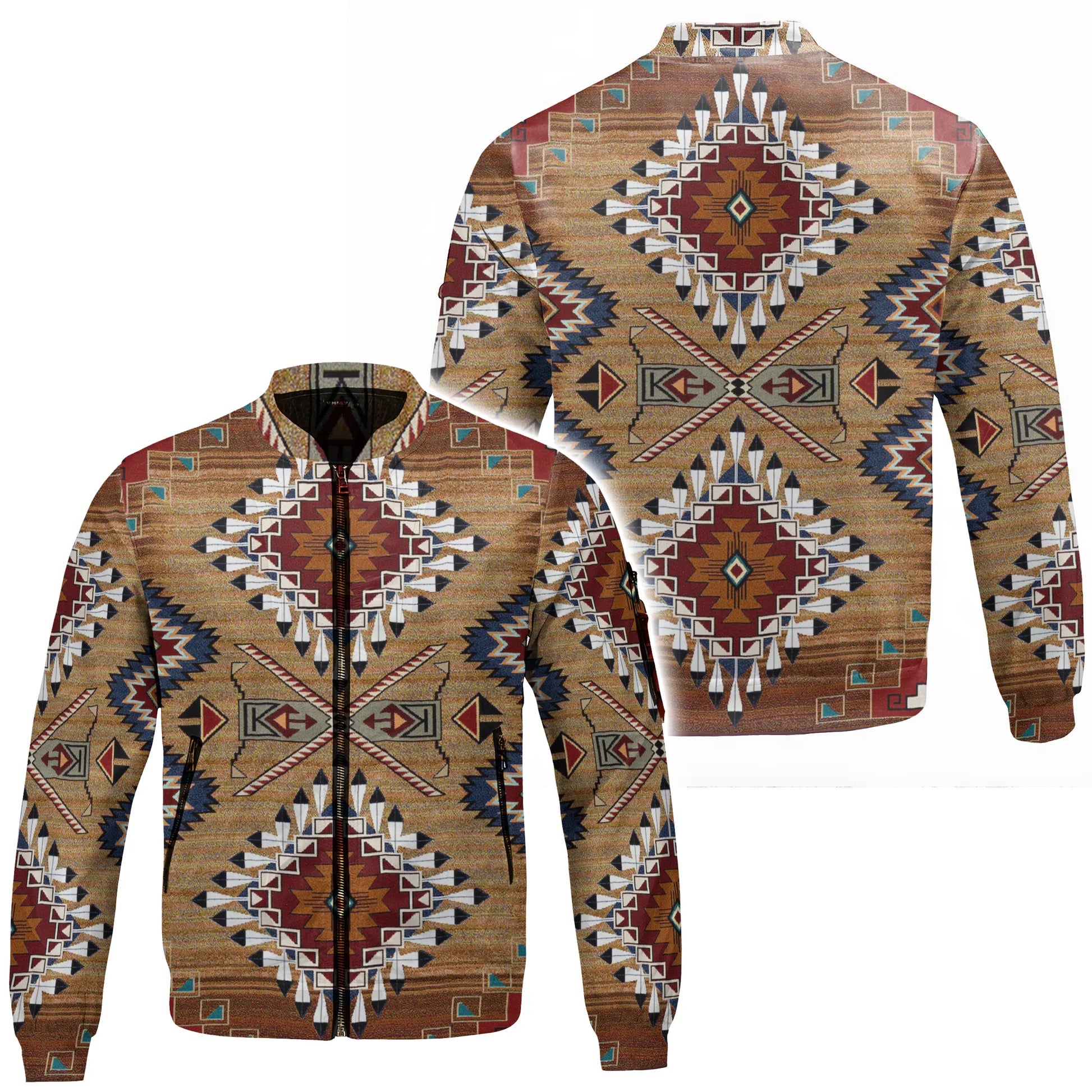 Front and back views of a bomber-style jacket showcasing Southwestern Native American Navajo Chimayo geometric heritage-style tribal motifs in earthy tones of tan, red, and blue, with a stand-up collar, full-length zipper, side pockets, and ribbed cuffs and hem.