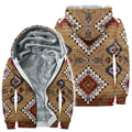 Front and back views of a fleece-lined hoodie jacket featuring Southwestern Native American Navajo Chimayo geometric heritage-style tribal motifs in earthy tones of tan, red, and blue, with a full-length zipper, hood, and integrated pockets.