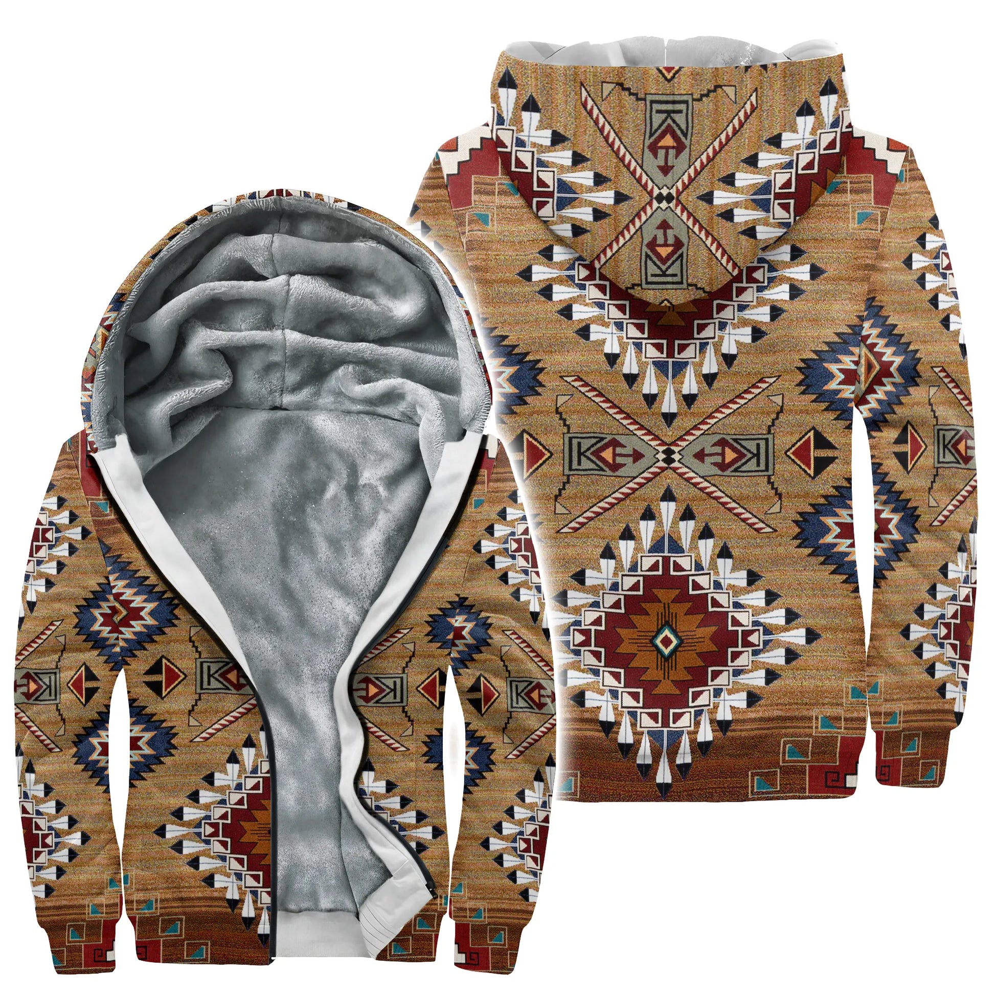 Front and back views of a fleece-lined hoodie jacket featuring Southwestern Native American Navajo Chimayo geometric heritage-style tribal motifs in earthy tones of tan, red, and blue, with a full-length zipper, hood, and integrated pockets.
