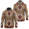 Front and back views of a lightweight windbreaker hoodie jacket featuring Southwestern Native American Navajo Chimayo geometric heritage-style tribal motifs in earthy tones of tan, red, and blue, with a full hood (black interior lining), full-length zipper, and side pockets.