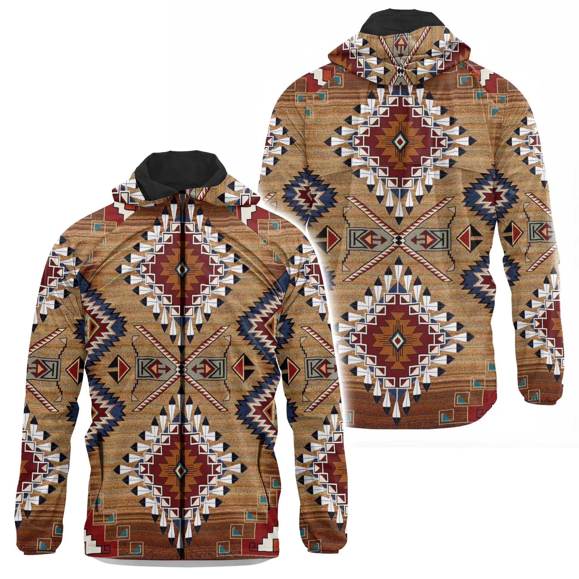 Front and back views of a lightweight windbreaker hoodie jacket featuring Southwestern Native American Navajo Chimayo geometric heritage-style tribal motifs in earthy tones of tan, red, and blue, with a full hood (black interior lining), full-length zipper, and side pockets.