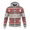 Detailed close-up of the kangaroo pocket area showing the terracotta and cream tribal motifs and geometric black-and-white trim against the fleece fabric.