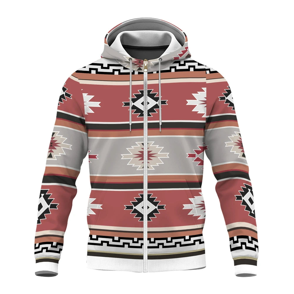 Detailed close-up of the kangaroo pocket area showing the terracotta and cream tribal motifs and geometric black-and-white trim against the fleece fabric.