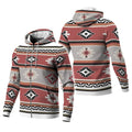 Front and back views of a zip-up fleece jacket featuring a Southwestern tapestry-inspired tribal pattern in terracotta, gray, black, and cream, with matching hood and ribbed white cuffs.