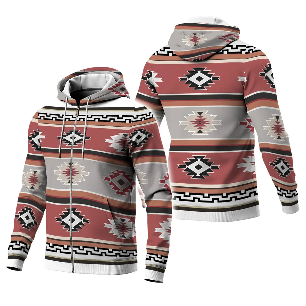 Front and back views of a zip-up fleece jacket featuring a Southwestern tapestry-inspired tribal pattern in terracotta, gray, black, and cream, with matching hood and ribbed white cuffs.