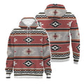 Front and back views of a pullover hoodie showcasing the same Southwestern tapestry pattern with terracotta and gray bands, a drawstring hood, and a kangaroo pocket.