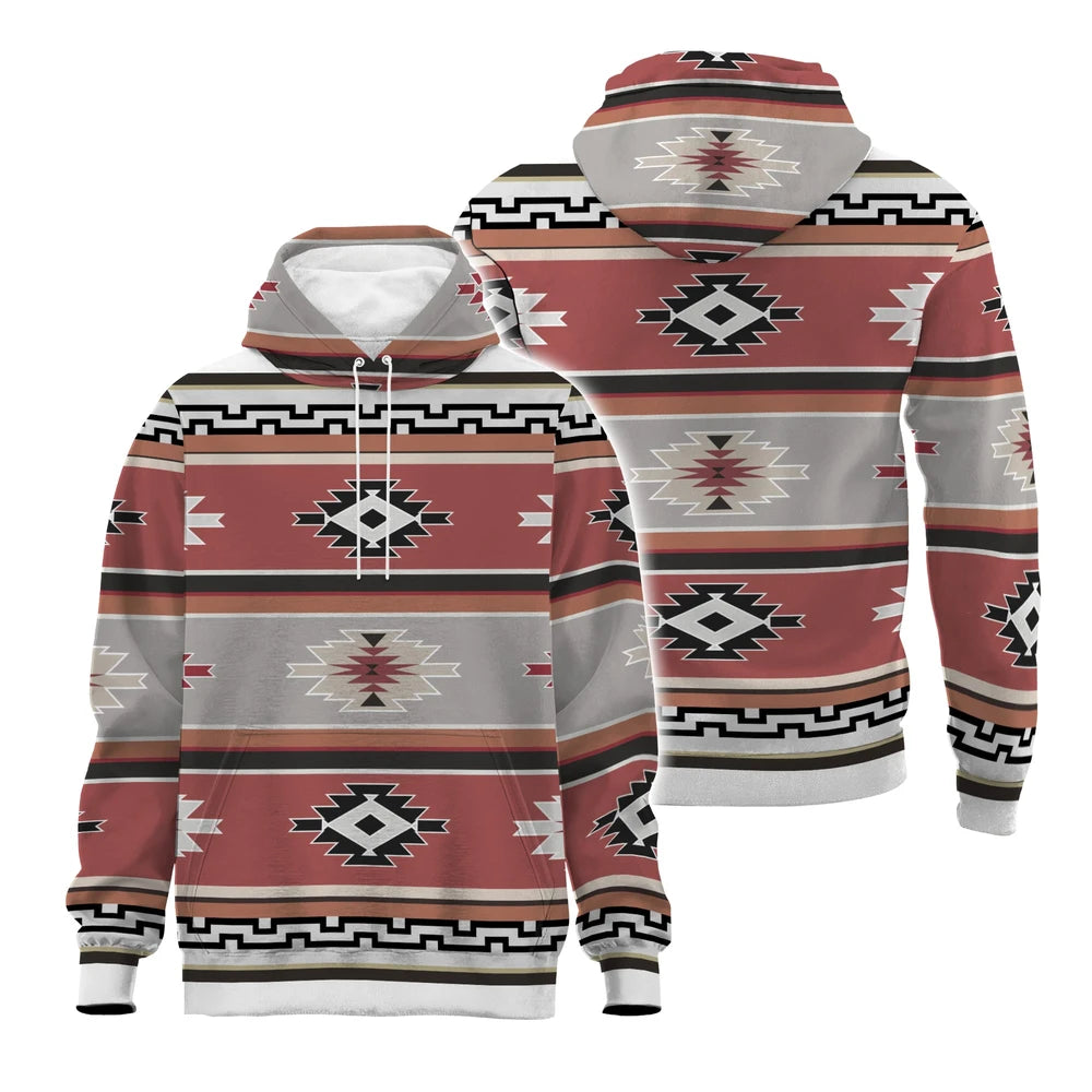 Front and back views of a pullover hoodie showcasing the same Southwestern tapestry pattern with terracotta and gray bands, a drawstring hood, and a kangaroo pocket.