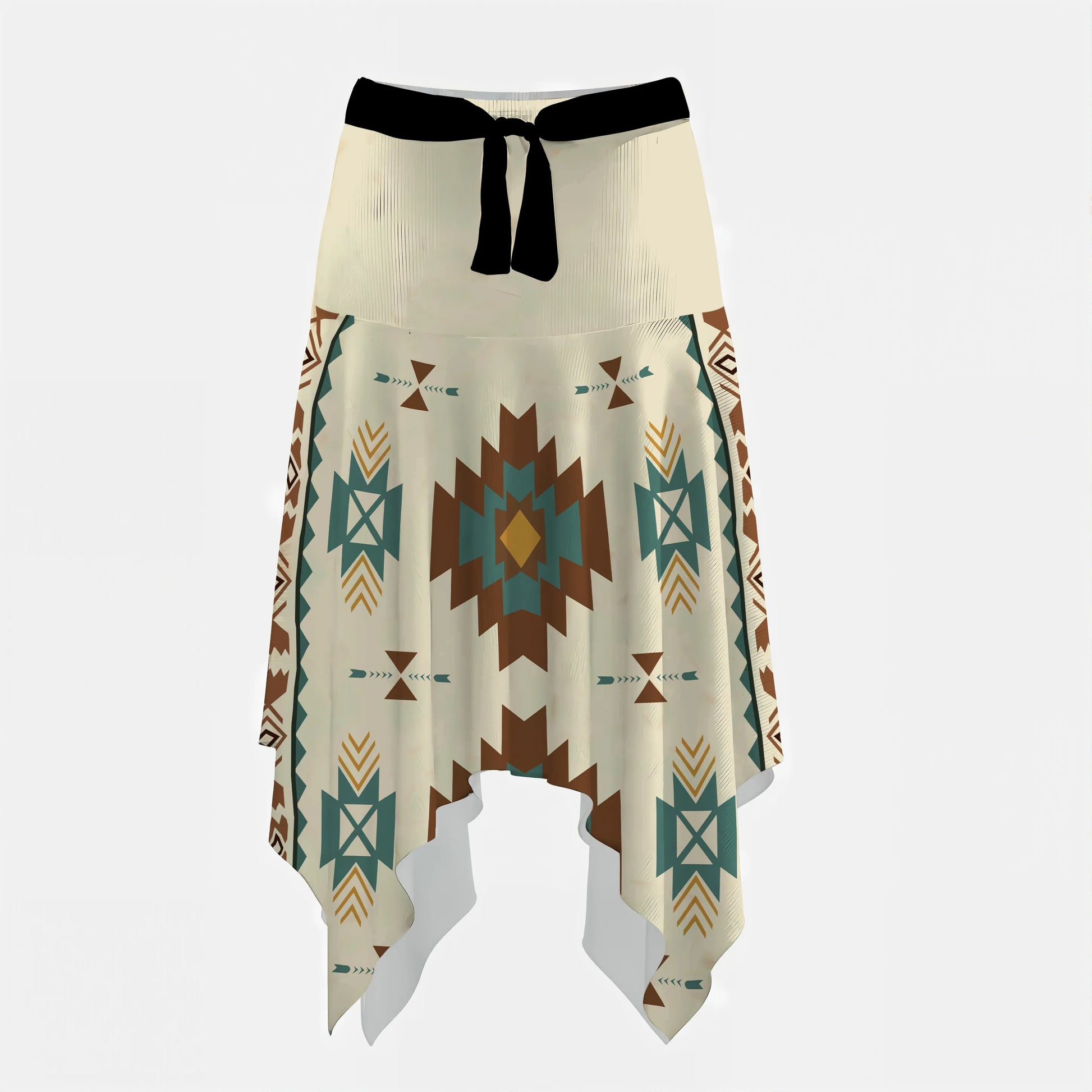 Cream asymmetrical skirt with Southwestern tribal geometric pattern in brown, teal, and gold, and a black tie waist.