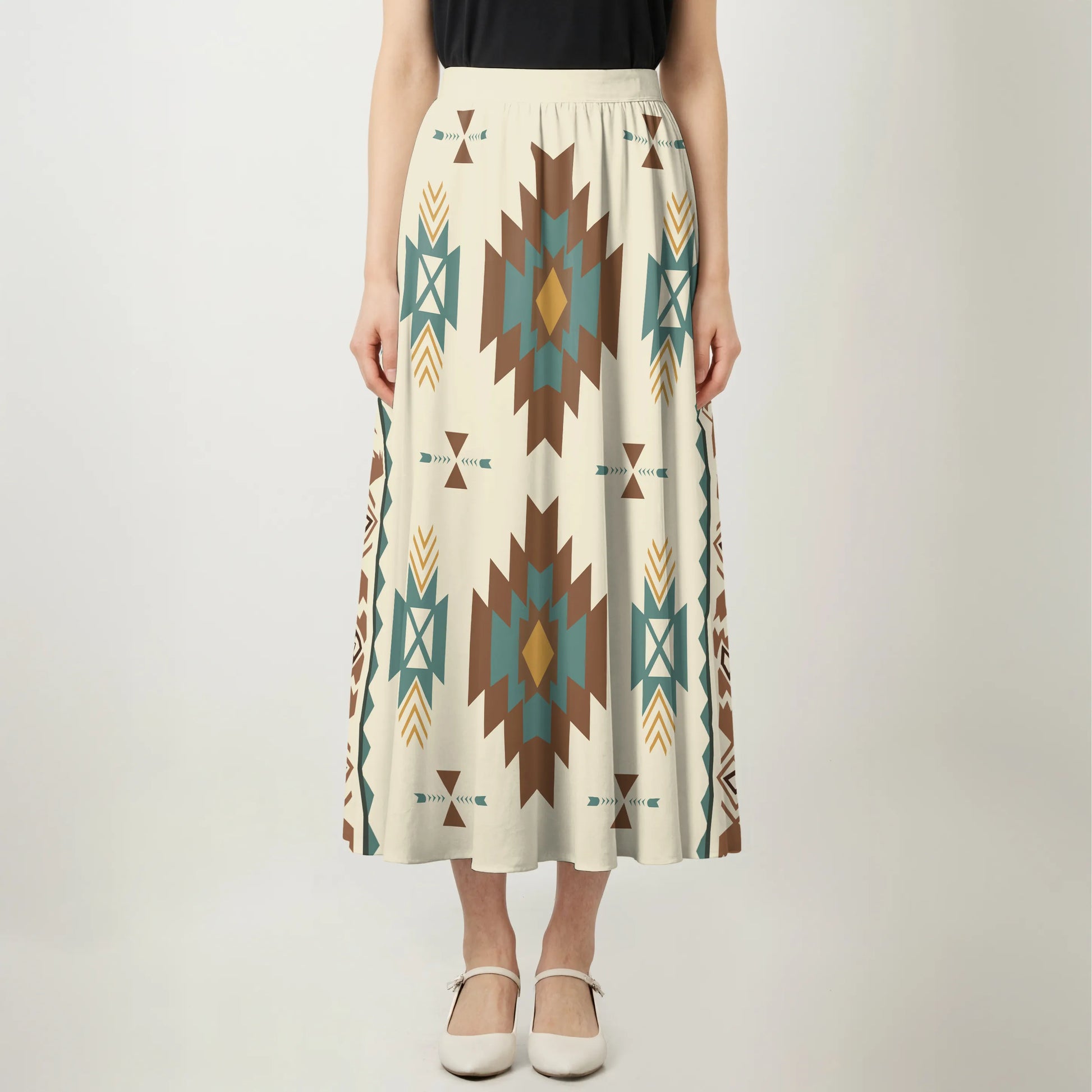 Skirt maxi with Southwestern tribal geometric pattern in brown, teal, and gold