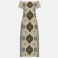 Cream off-shoulder maxi dress with Southwestern tribal geometric pattern in brown, teal, and gold