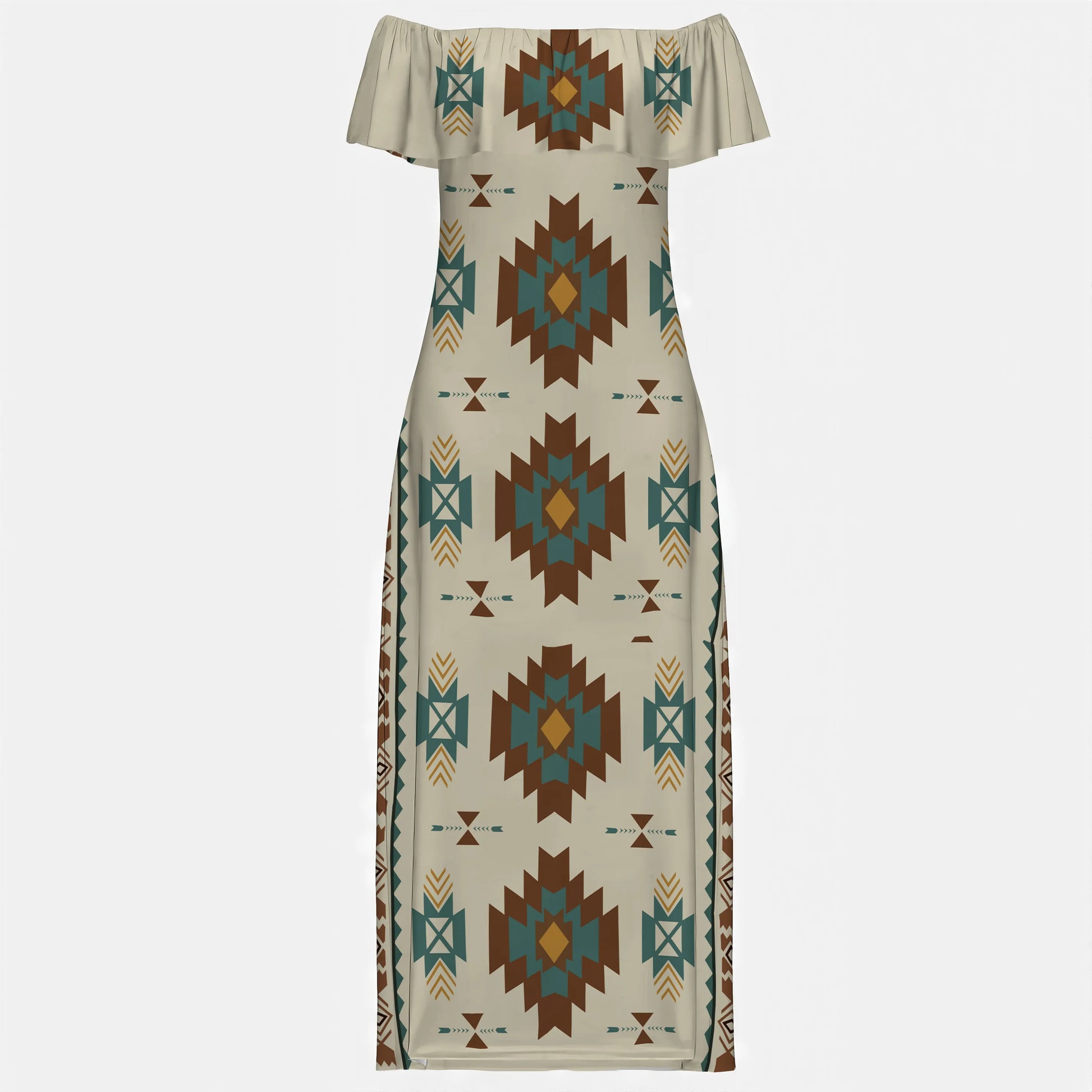 Cream off-shoulder maxi dress with Southwestern tribal geometric pattern in brown, teal, and gold