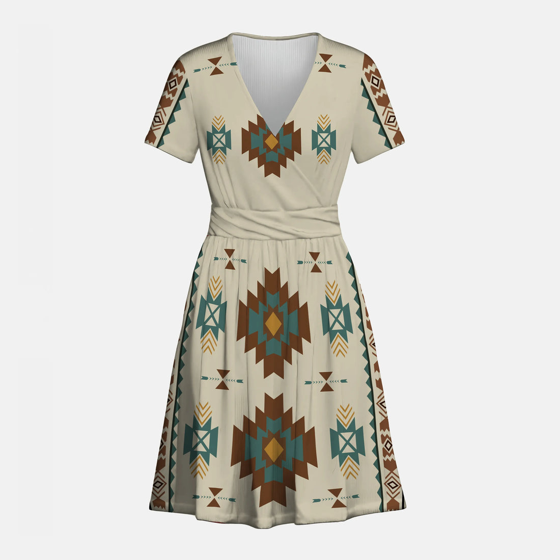  Cream short-sleeve V-neck dress with Southwestern tribal geometric pattern in brown, teal, and gold, showing front and back views.