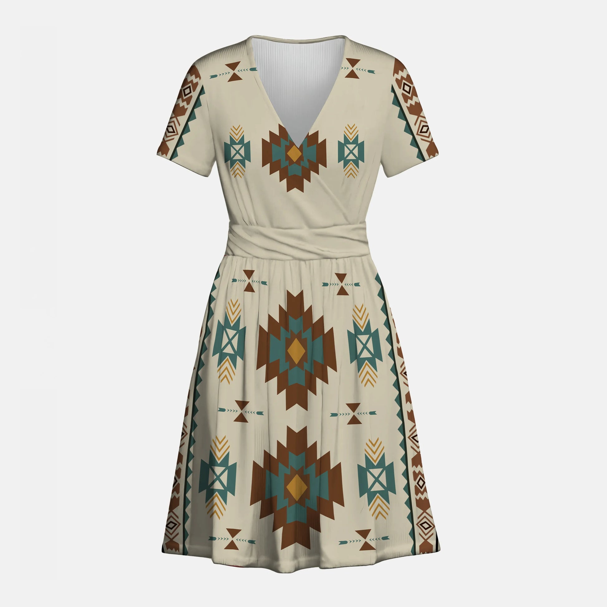 Cream short-sleeve V-neck dress with Southwestern tribal geometric pattern in brown, teal, and gold, showing front and back views.