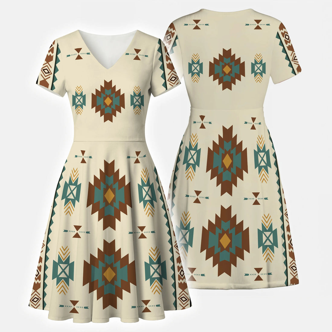  Cream short-sleeve V-neck dress with Southwestern tribal geometric pattern in brown, teal, and gold, showing front and back views.