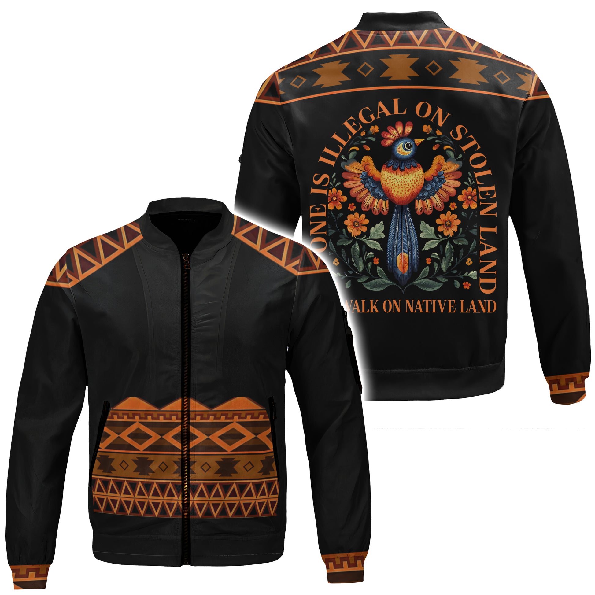 Black bomber jacket with "No one is illegal on stolen land" quote, colorful bird, and geometric trim.