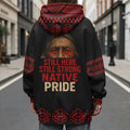 
Person wearing Native Pride jacket in urban street, featuring strong cultural message